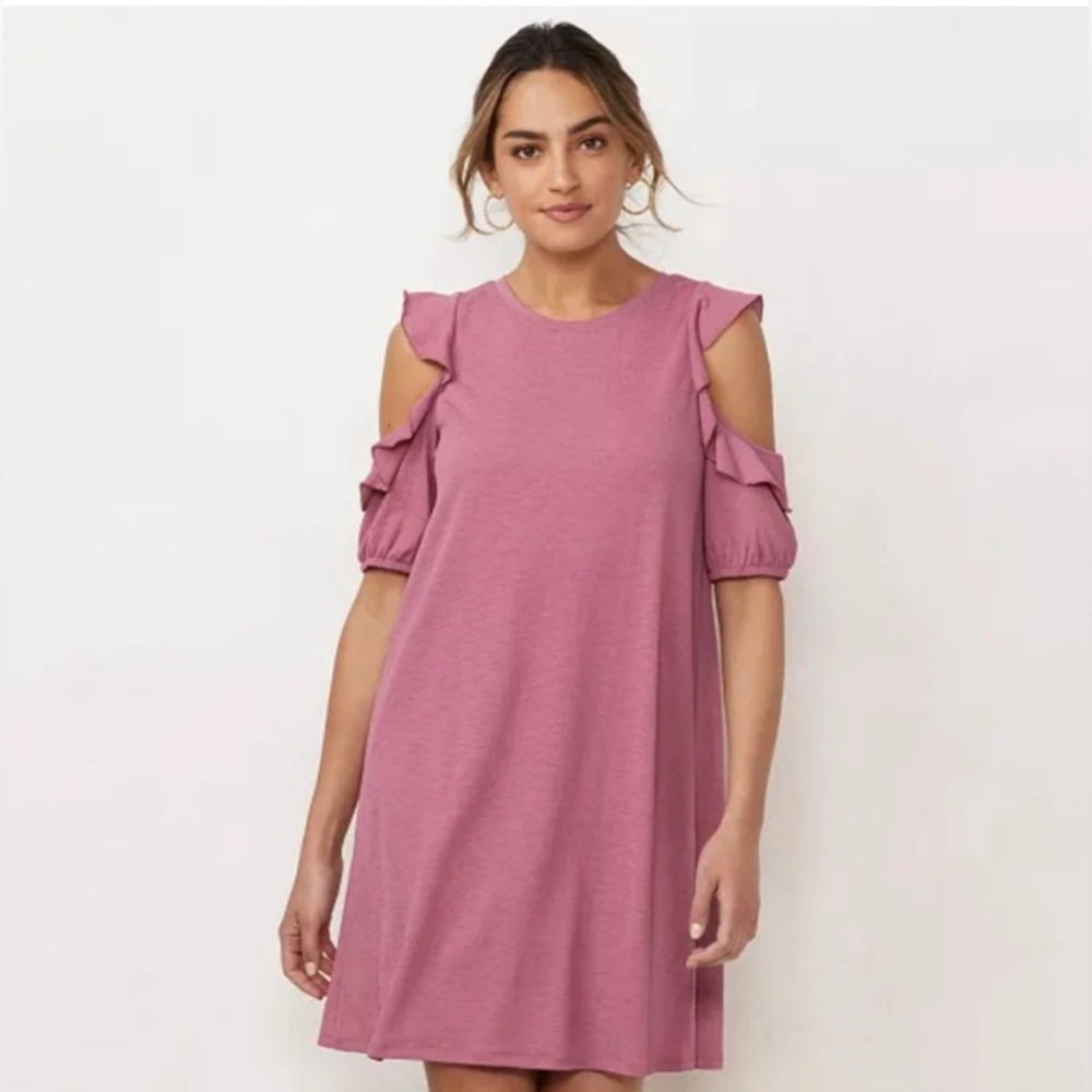 Mauve/Rose like Ruffled Cold Shoulder Dress